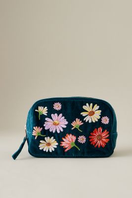 Elizabeth Scarlett Wildflower Velvet Makeup Bag In Black