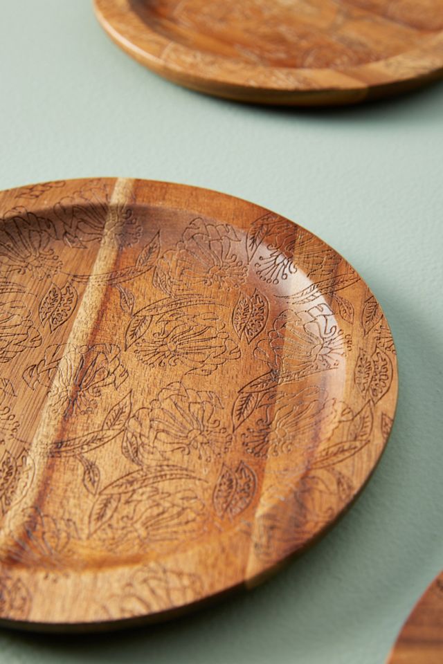 Etched Wood Canape Plates, Set of 4 #1