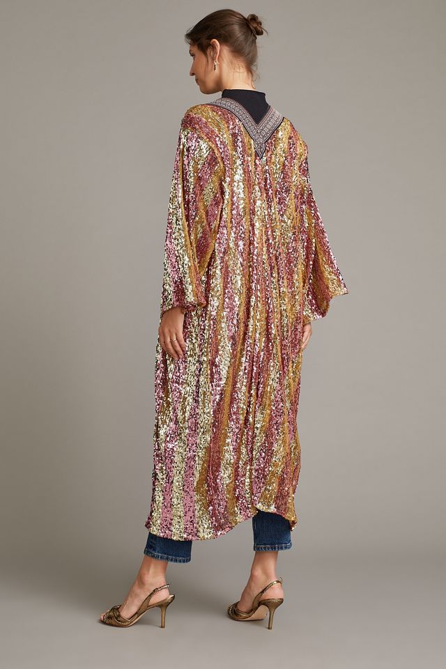 Stripe-Print Sequinned Duster Jacket #1