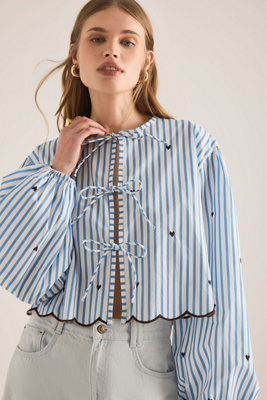 Maeve Tie-front Puff-sleeve Shirt In Blue