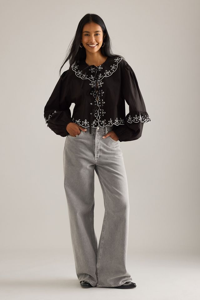 Blusa Popelina con Ojales y Manga Larga con Lazo Frontal de Anthropologie #2