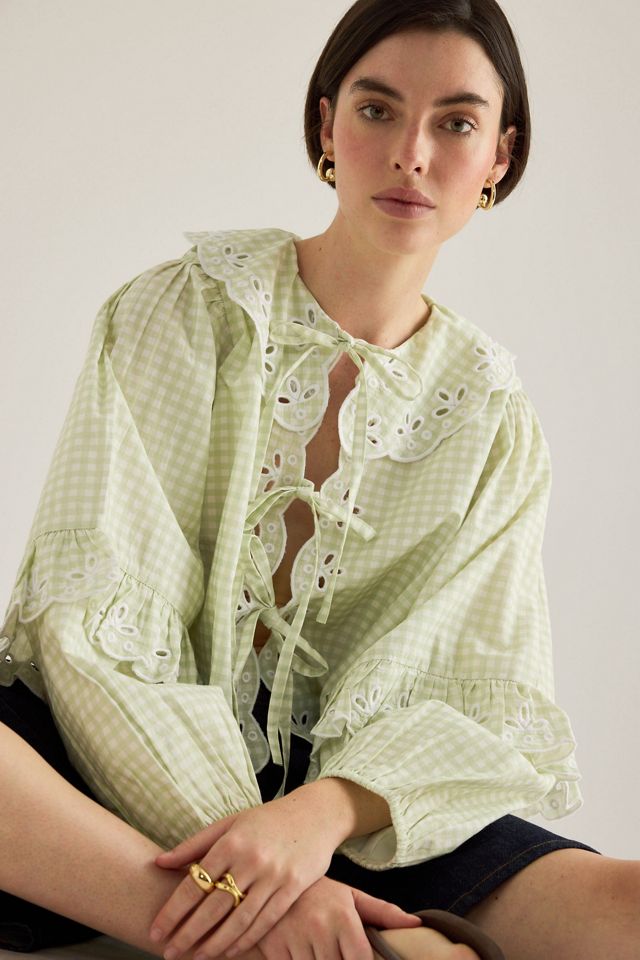 By Anthropologie Gingham Tie-Front Blouse #2