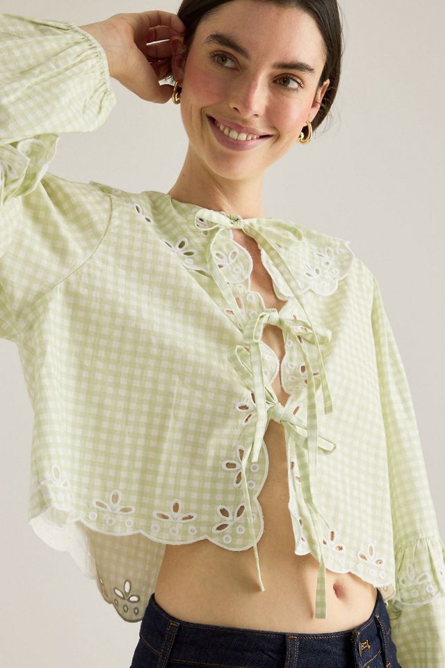 By Anthropologie Gingham Tie-Front Blouse #3