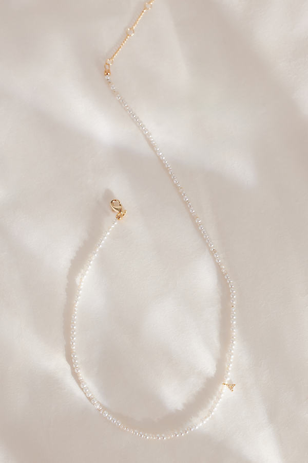 Gold-Plated Pavé Monogram Pendant Pearl Necklace