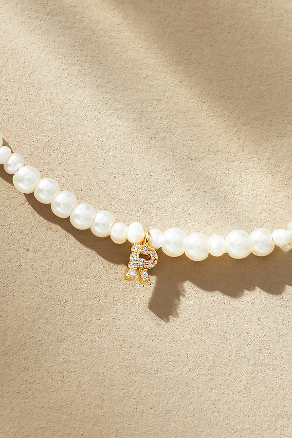 Gold-Plated Pavé Monogram Pendant Pearl Necklace