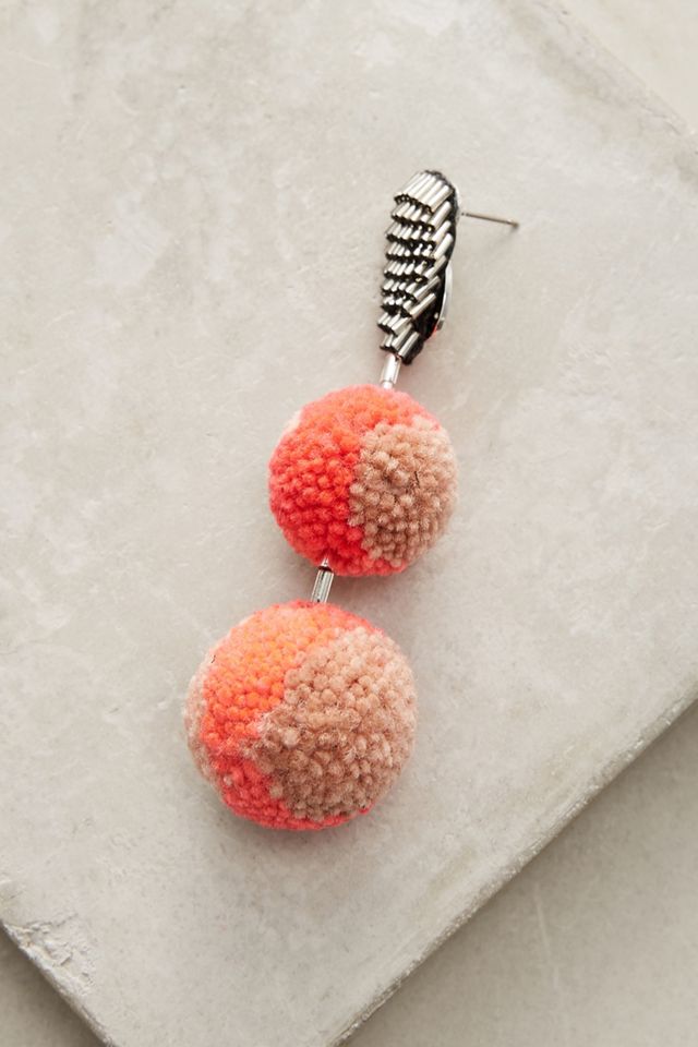 Orange Pom Drop Earrings #1