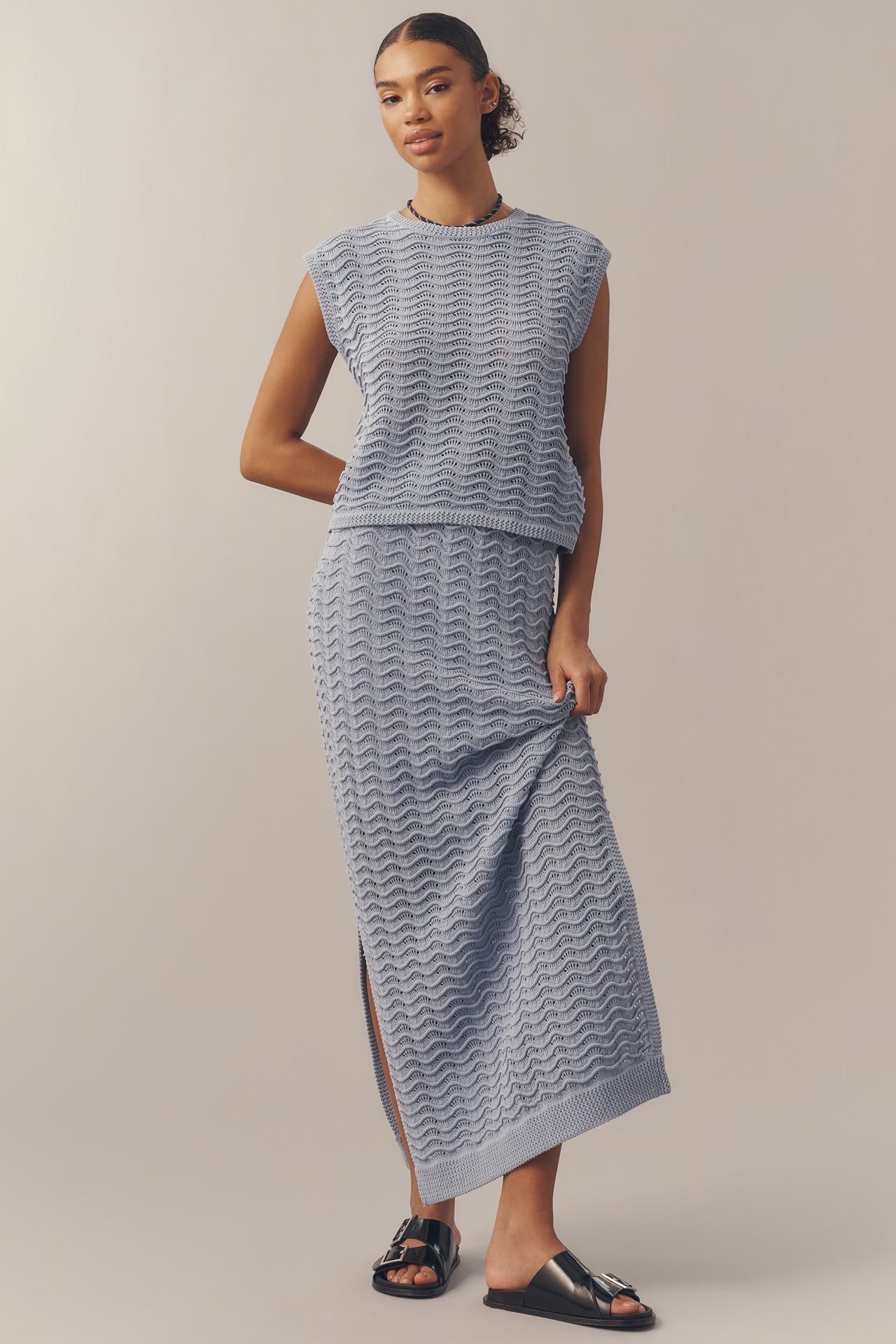 Bernardo Waved Pointelle Cap-Sleeve Pullover