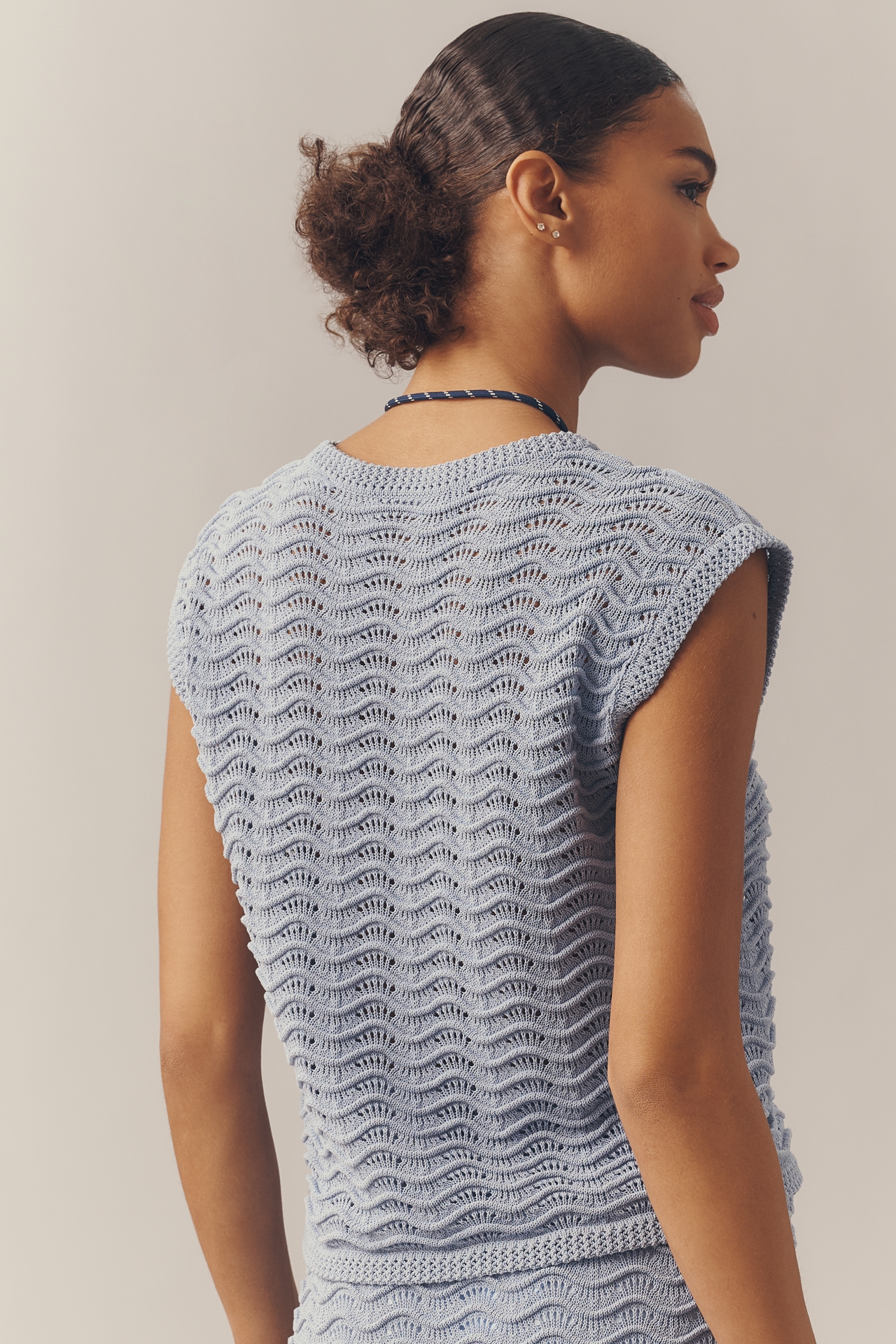 Bernardo Waved Pointelle Cap-Sleeve Pullover