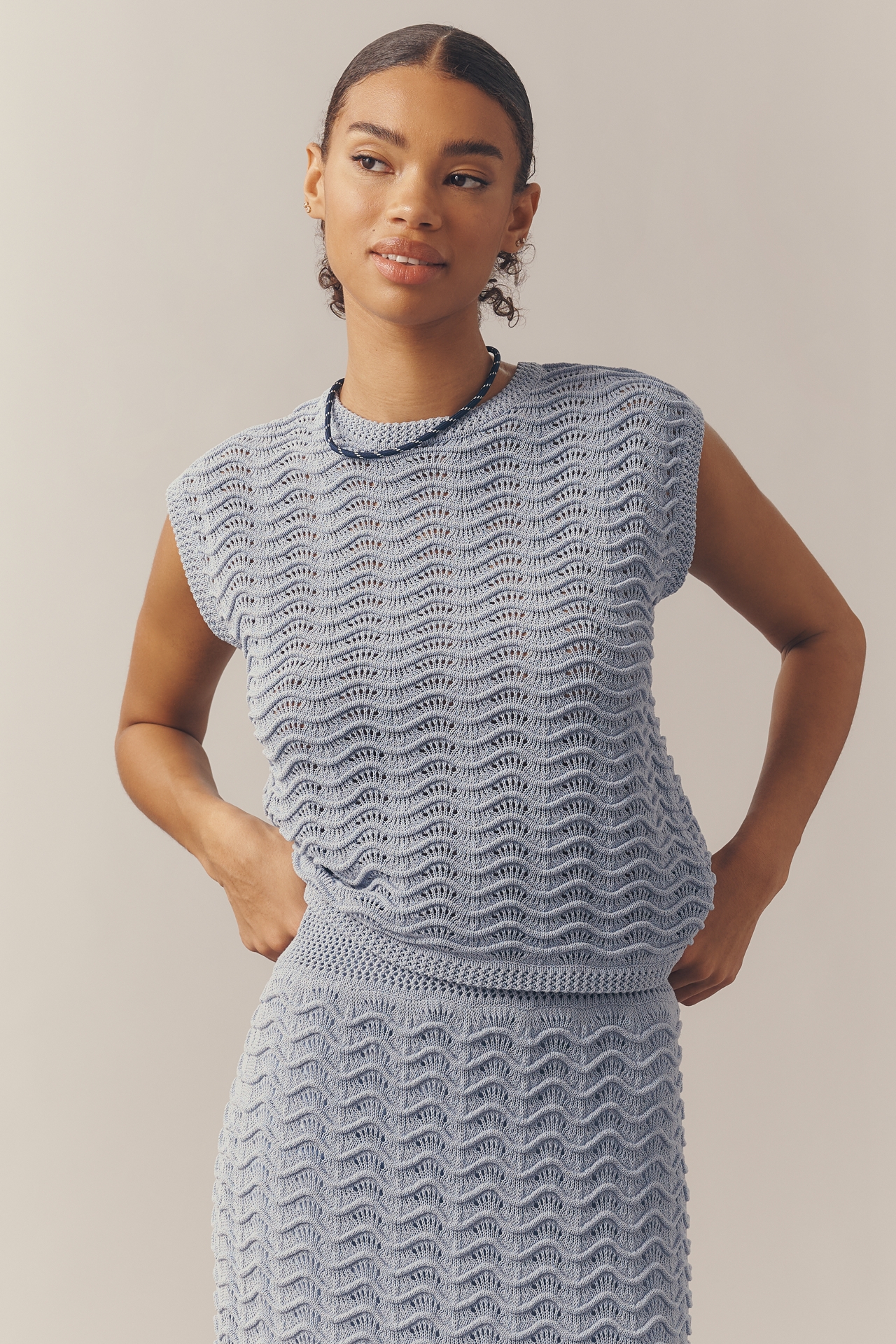 Bernardo Waved Pointelle Cap-Sleeve Pullover