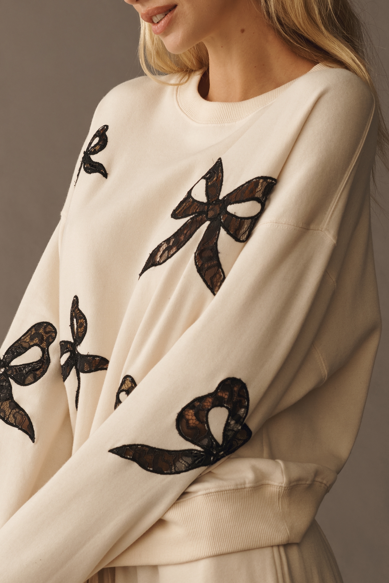 LoveShackFancy Linetta Lace Bow Pullover Sweatshirt