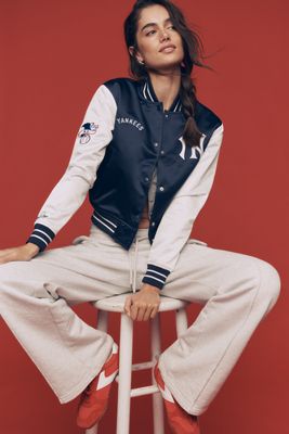 The Wild Collective Denim Varsity Bomber Jacket | Anthropologie