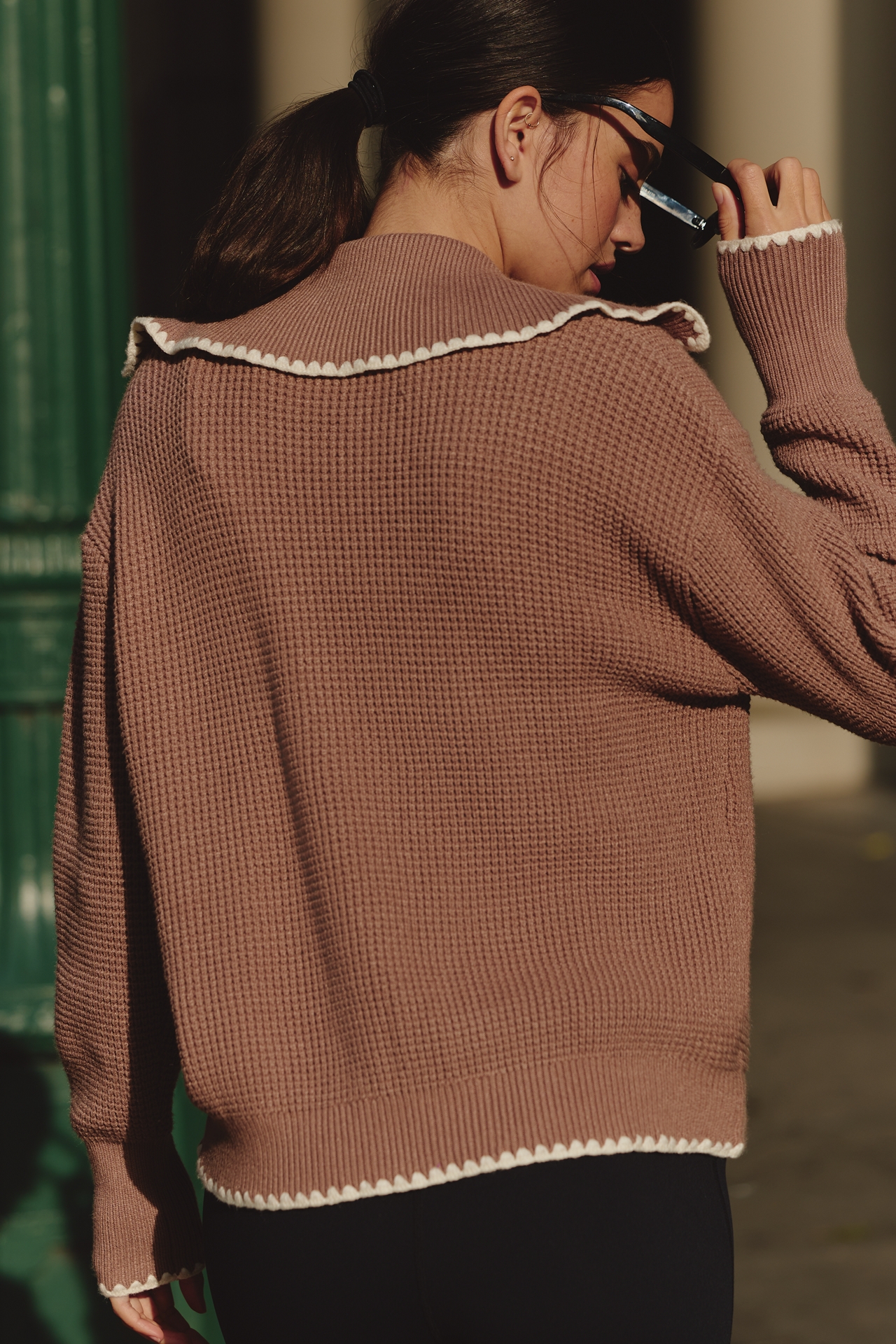 Varley Zip-Front Spread Collar Cardigan Sweater