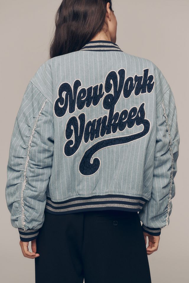 The Wild Collective Denim Varsity Bomber Jacket | Anthropologie
