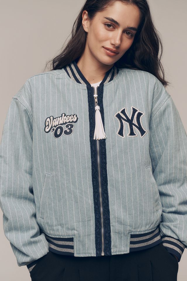 The Wild Collective Denim Varsity Bomber Jacket #3