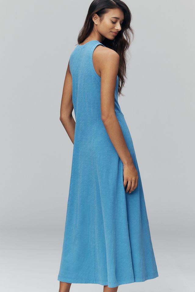 blue sleeveless midi dress Blue Sleeveless Mikado Fit And Flare Midi Dress With V-Back main image 1