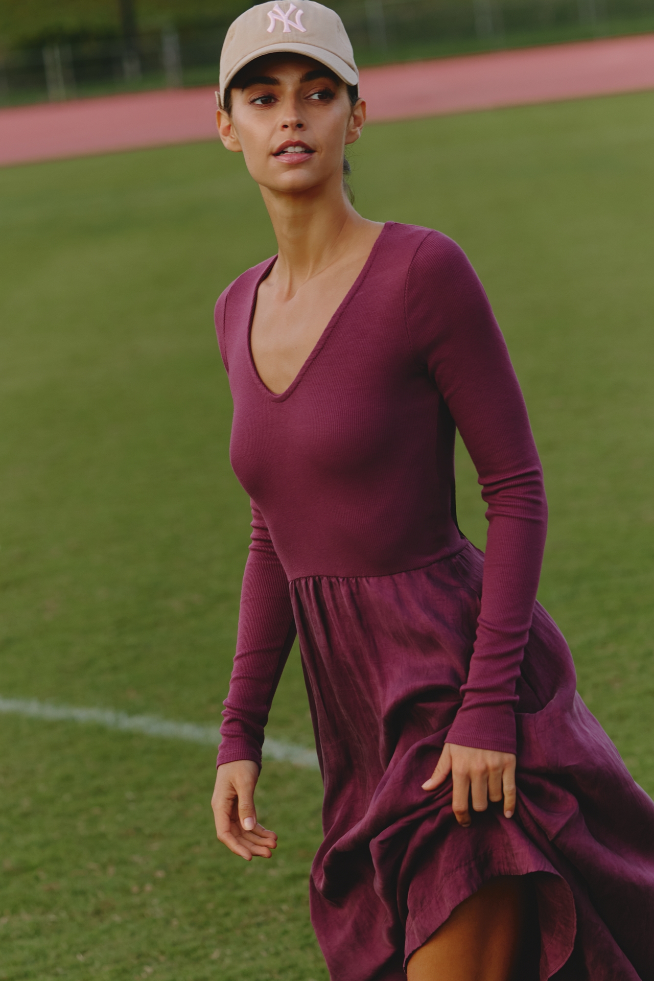 Sundry Long-Sleeve Mixed Rib Maxi Dress