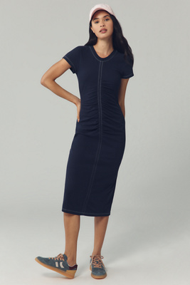 Daily Practice By Anthropologie Daily Practice Short-sleeve Gathered Midi Dress In Blue