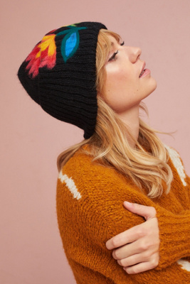 Anthropologie The Wild Collective Floral Beanie Black Anthropologie | Accessories | Anthropologie Blush Straw Hat  main image 2