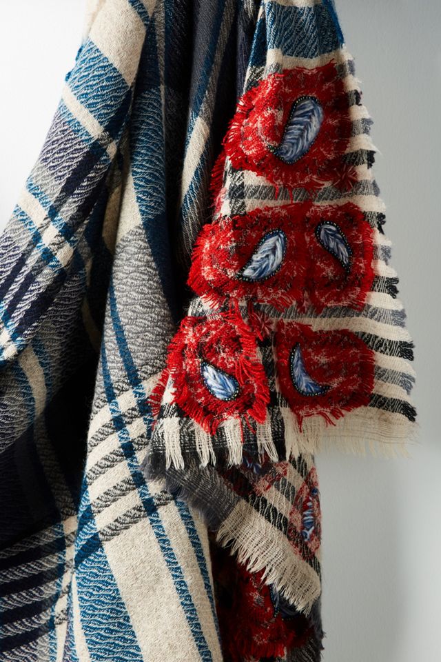 Embroidered Plaid Wool Scarf #1