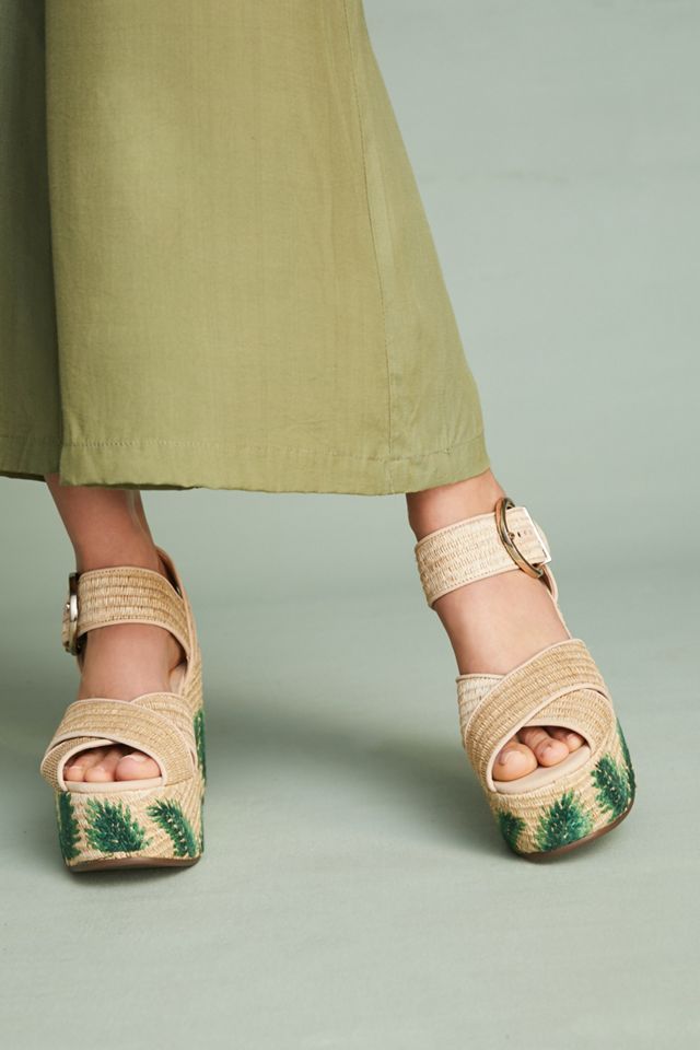 Schutz Feray Palm-Embroidered Platform Wedge Sandals Anthropologie