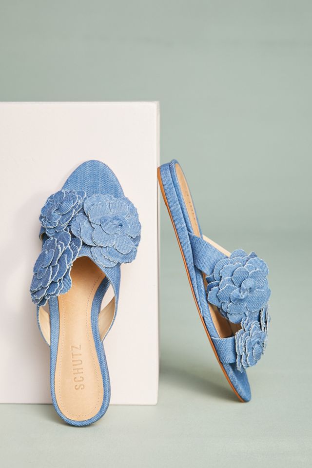 Schutz Ilaria Denim Floral Slide Sandals #4