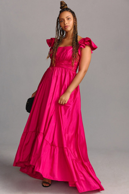 Mac Duggal Plus Flutter-sleeve A-line High-low Ruffle-hem Gown In Pink