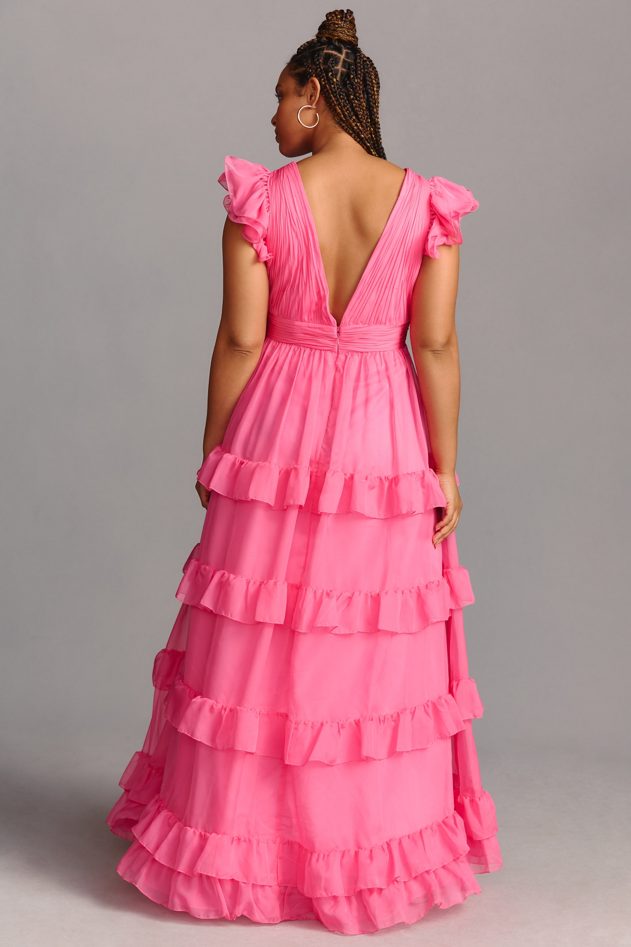 Mac Duggal Plus Tiered V-Neckline Ruched Gown