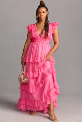 Mac Duggal Plus Tiered Ruched Gown - Pink Mac Duggal Plus Tiered V-Neckline Ruched Gown | Anthropologie