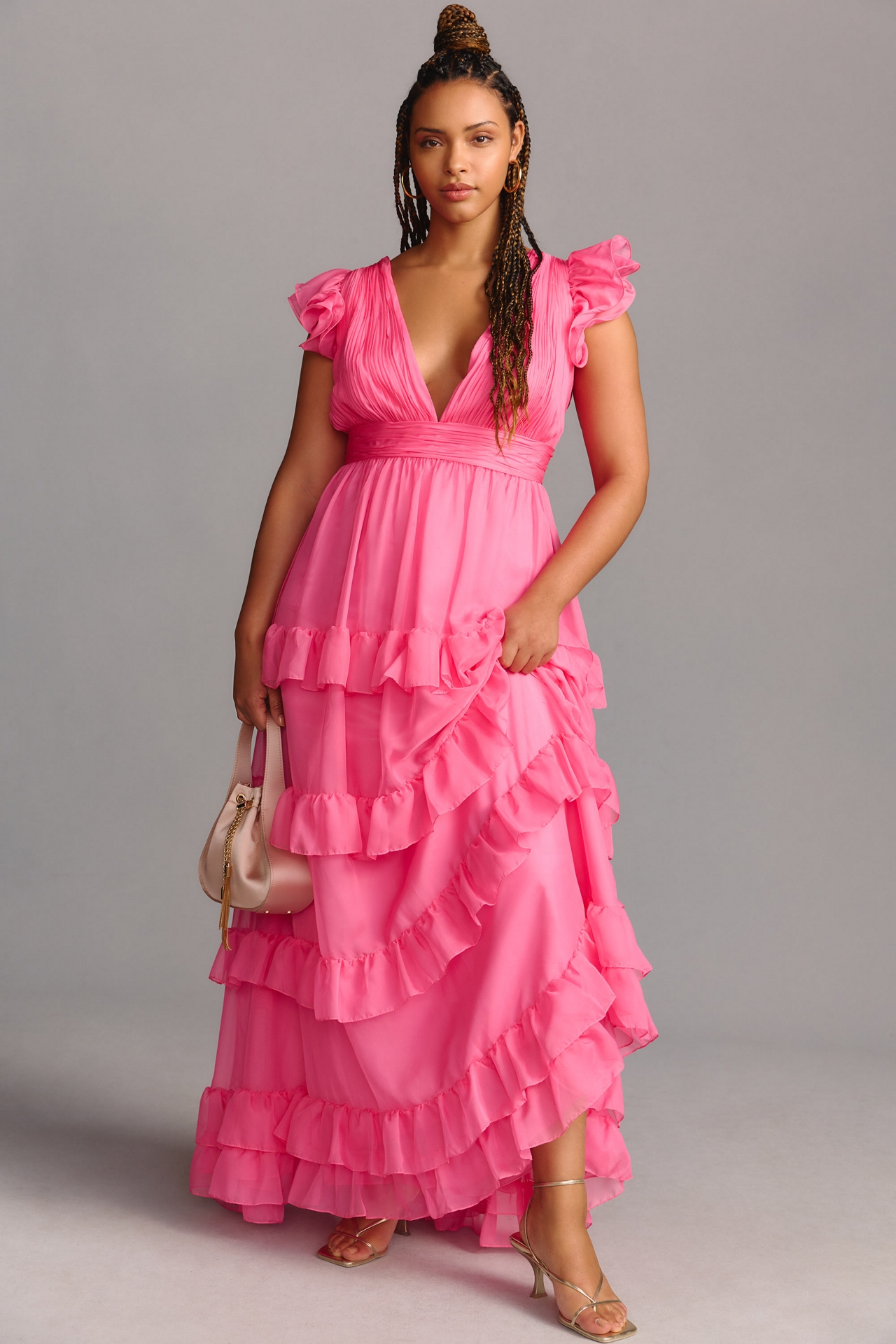 Mac Duggal Plus Tiered V-Neckline Ruched Gown