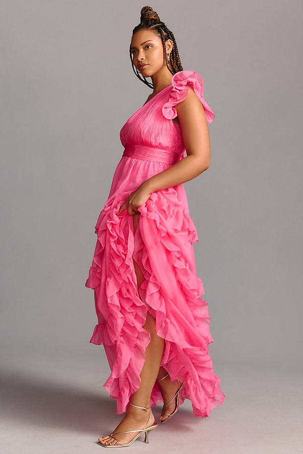 Mac Duggal Plus Tiered V-neckline Ruched Gown In Pink