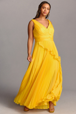 Mac Duggal Plus Chiffon Pleated V-neck Ruffle Gown In Yellow