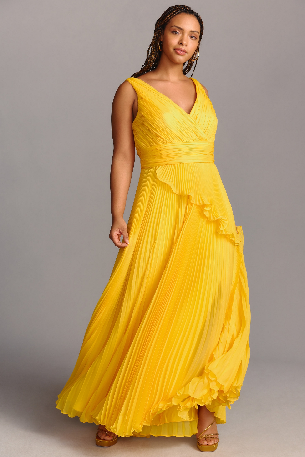 Mac Duggal Plus Chiffon Pleated V-Neck Ruffle Gown