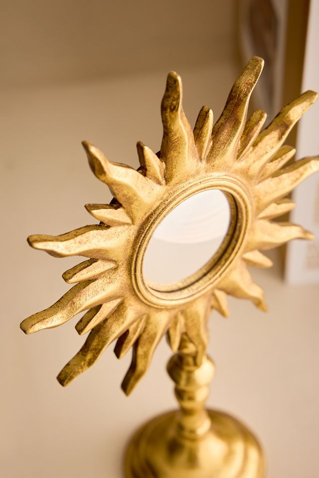 Miroir soleil antique doré sur pied #1