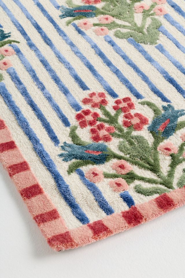 Tufted Wool-Viscose Blend Floral Striped Rug #1