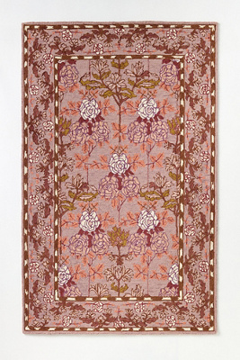 Anthropologie Tufted Hooked Wool Floral Border Rug In Pink