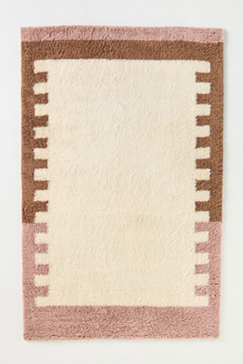 Anthropologie Tufted Wool Shag Colour-blocked Border Rug In Pink