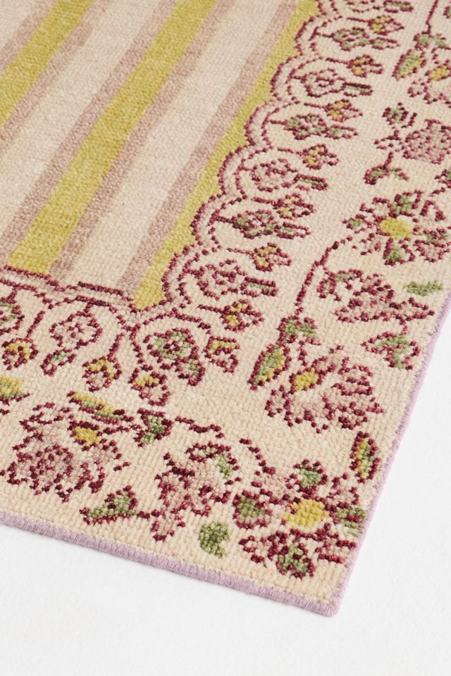 Lilia Hand-Knotted Wool Striped Floral Border Rug #1