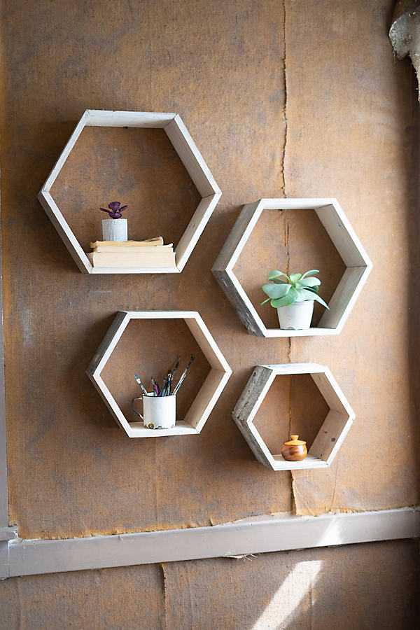 Recycled Wood Hexagon Shelves, Set of 4