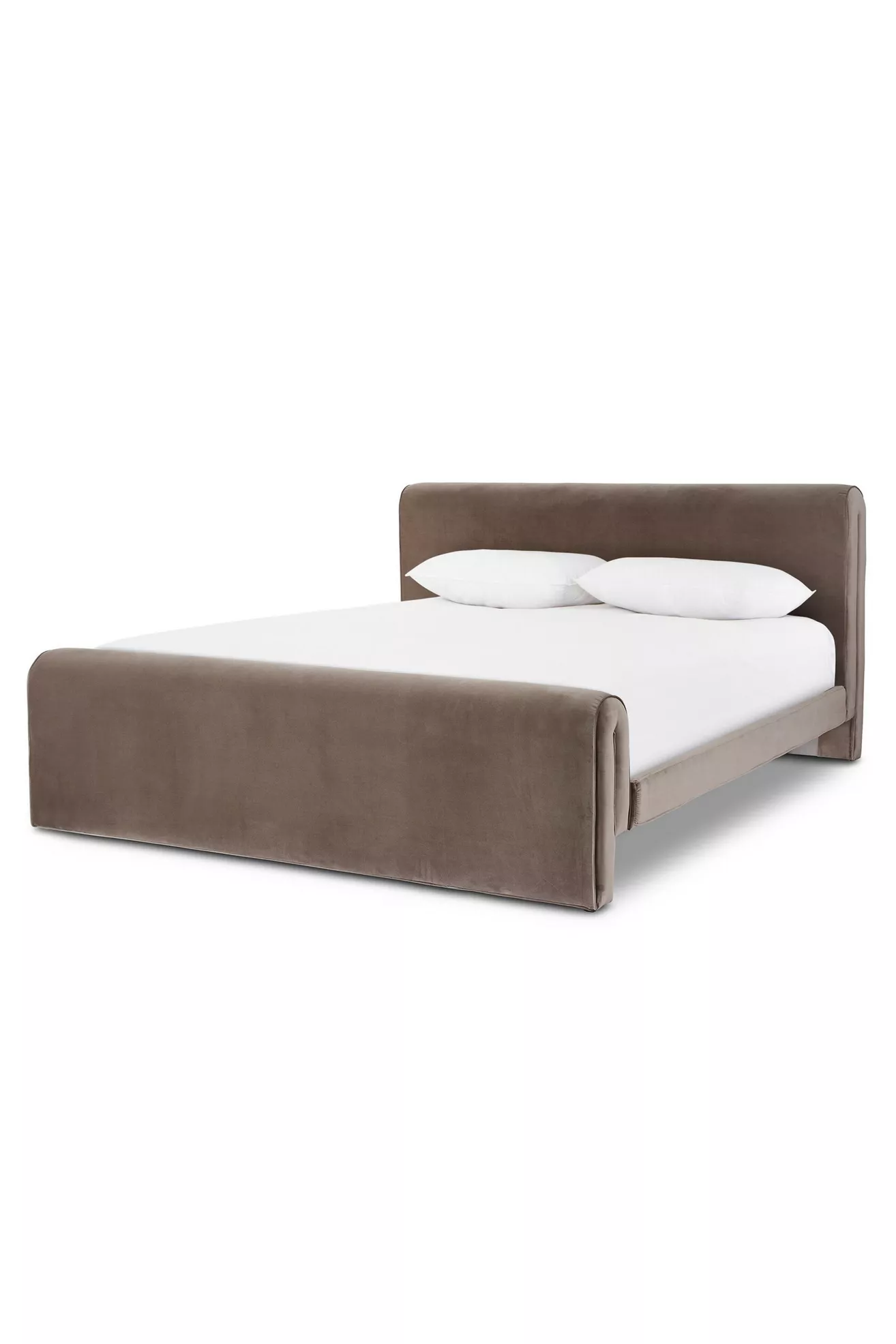 A taupe velvet bed shown at an angle