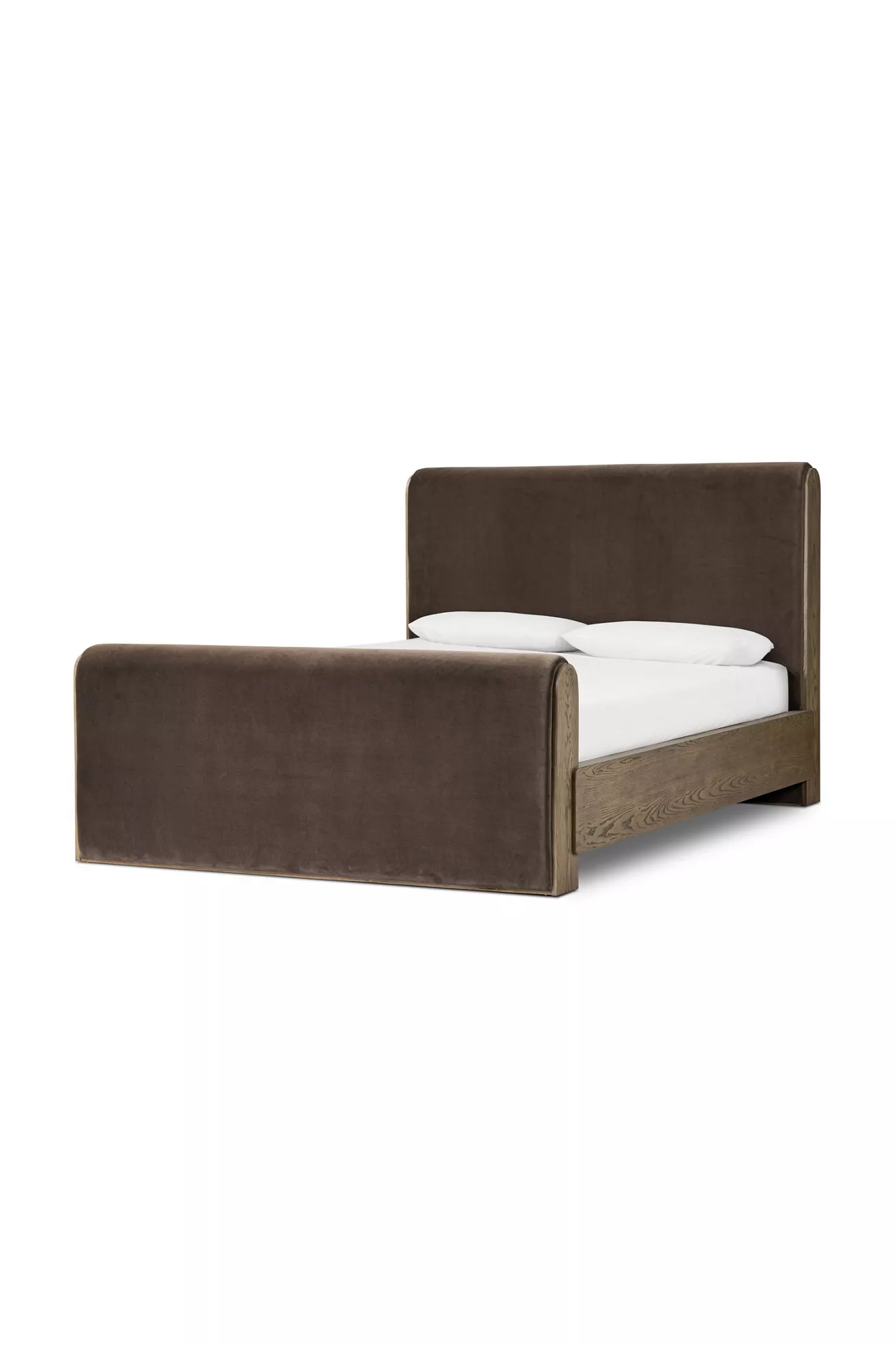 Brown bed with wooden frame shown from a side angle