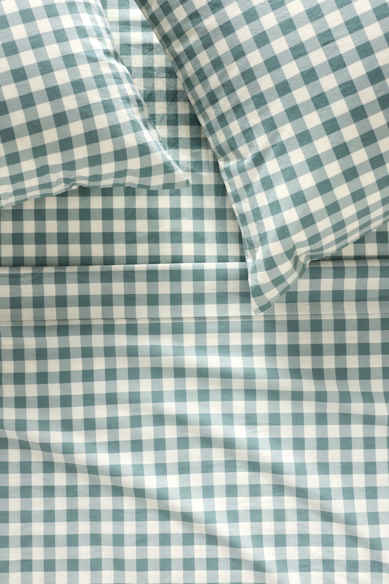 Organic Cotton Percale Printed Sheet Set - Duck Egg Gingham, King