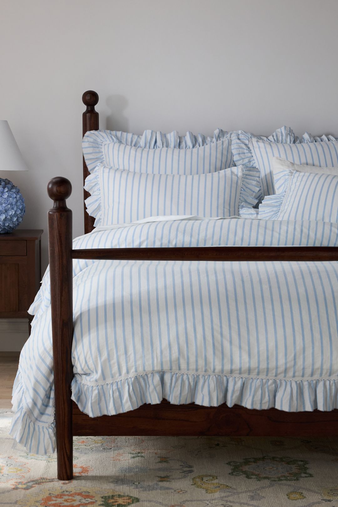 Organic Cotton Spa Sateen Ruffled Duvet Cover - Blue Stripe, Standard, King