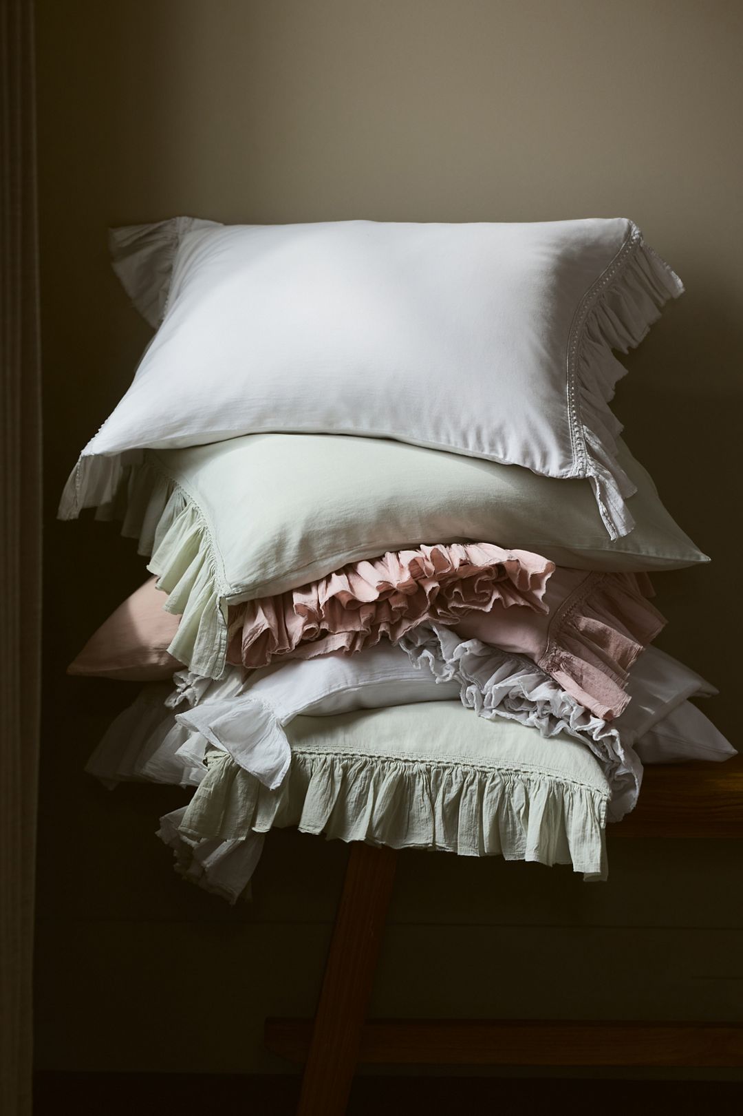 Organic Cotton Spa Sateen Ruffled Shams, Set of 2 - Green, Standard Sham, Set of 2