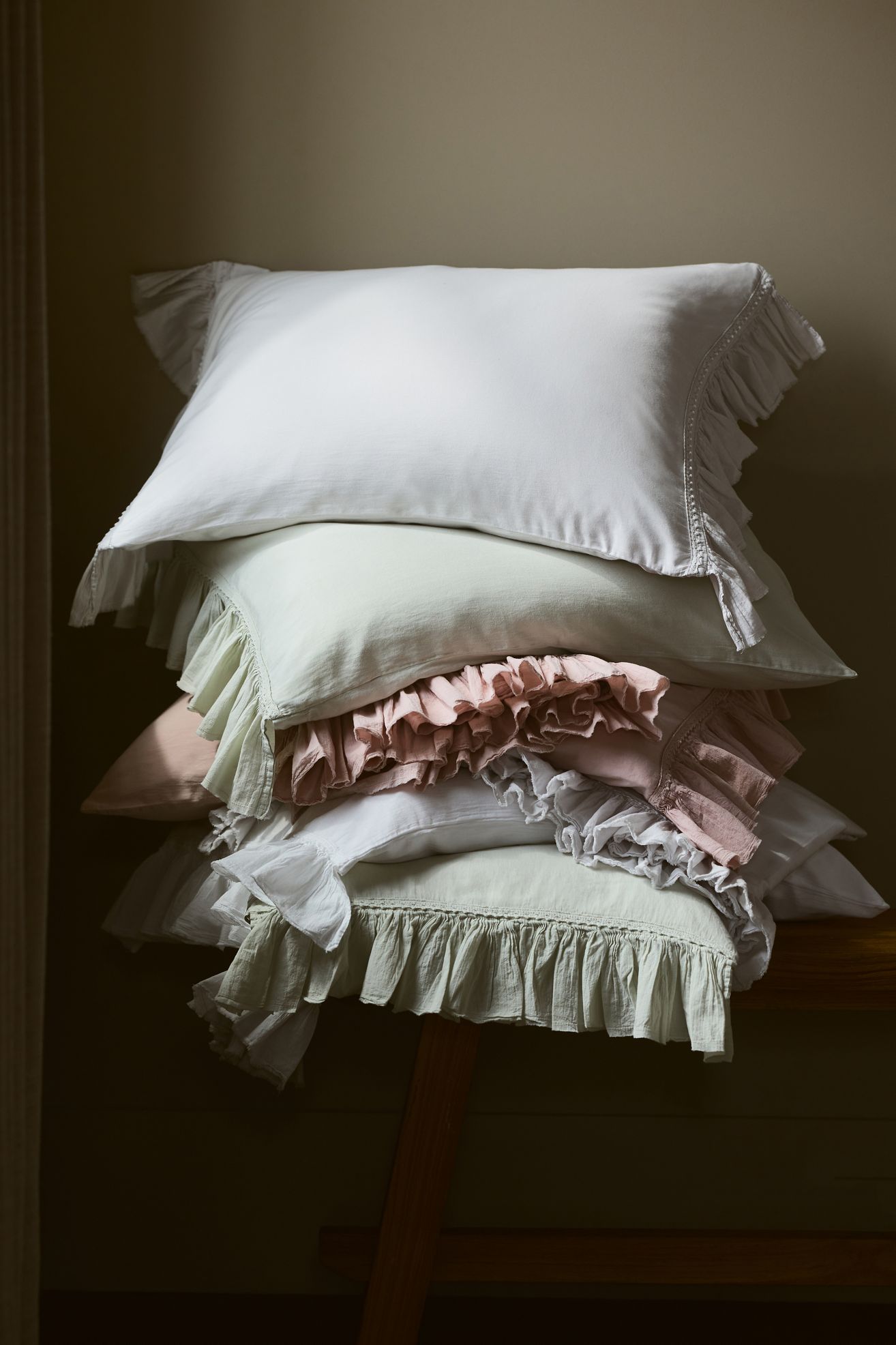 Organic Cotton Spa Sateen Ruffled Shams, Set of 2 - Green, Standard Sham, Set of 2
