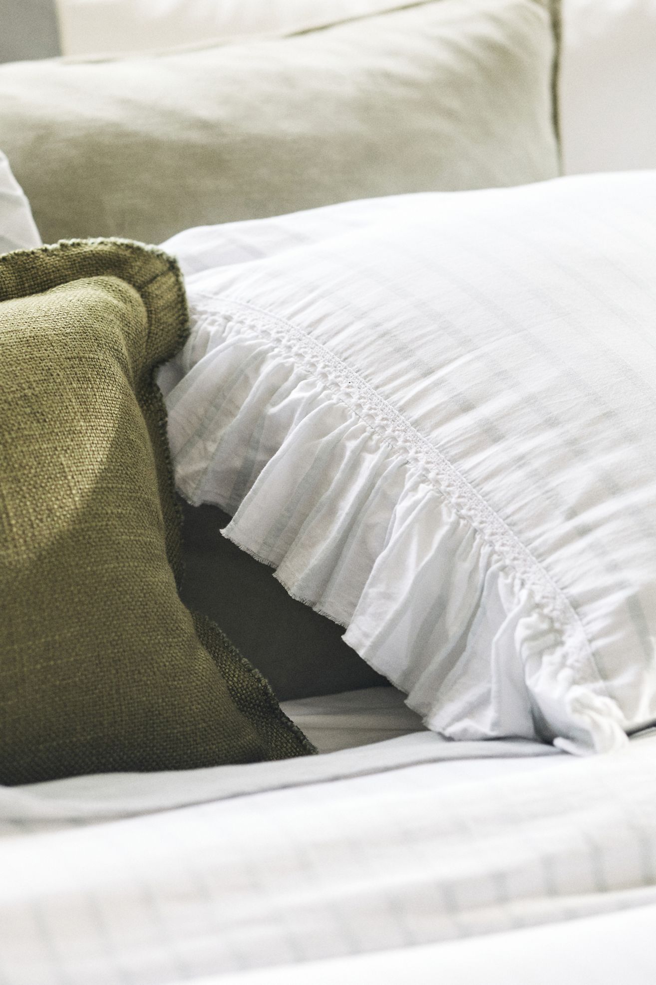 Organic Cotton Spa Sateen Ruffled Shams, Set of 2 - Mint Stripe, Standard Sham, Set of 2