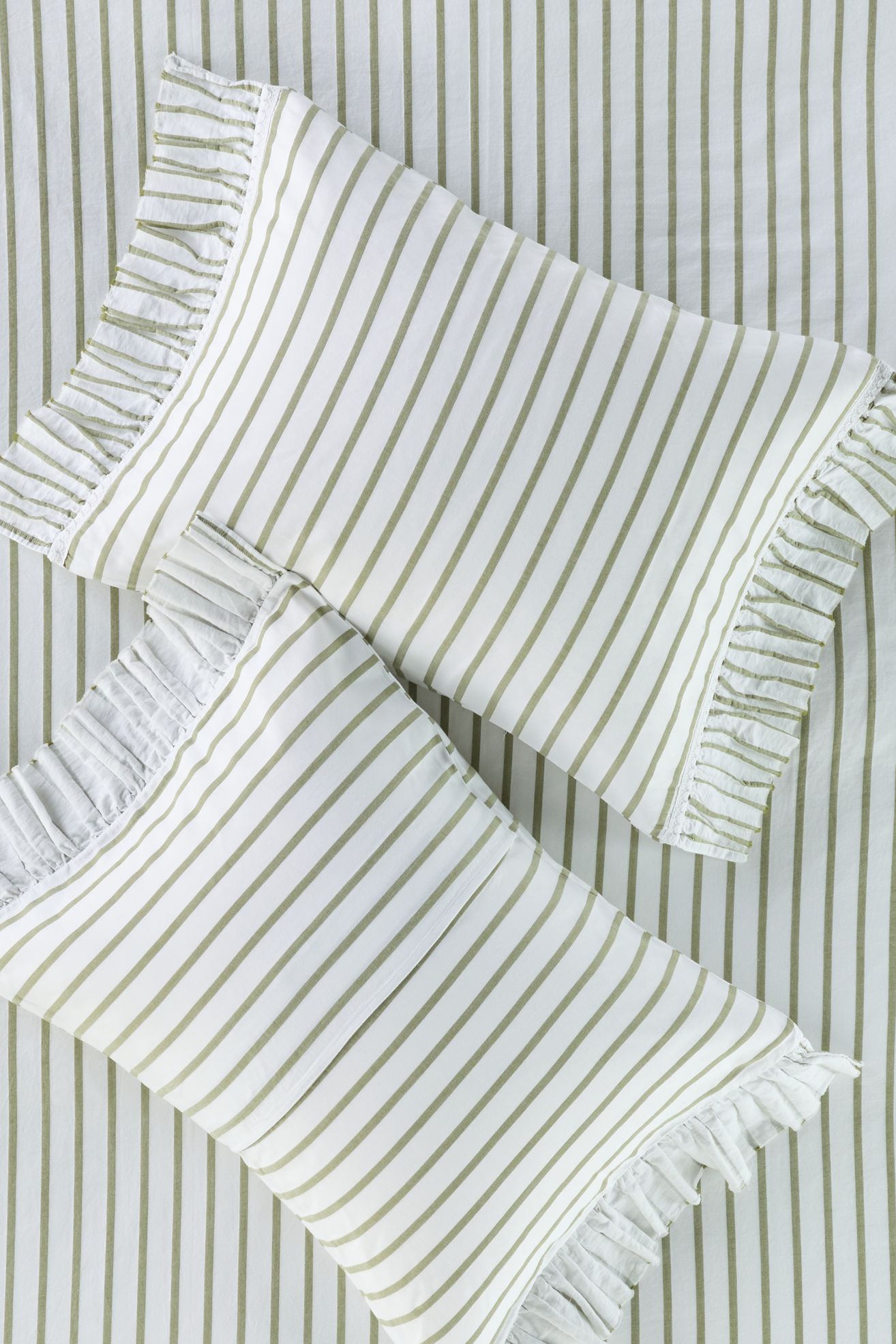 Organic Cotton Spa Sateen Ruffled Shams, Set of 2 - Green Stripe, Standard, Standard Sham, Set of 2