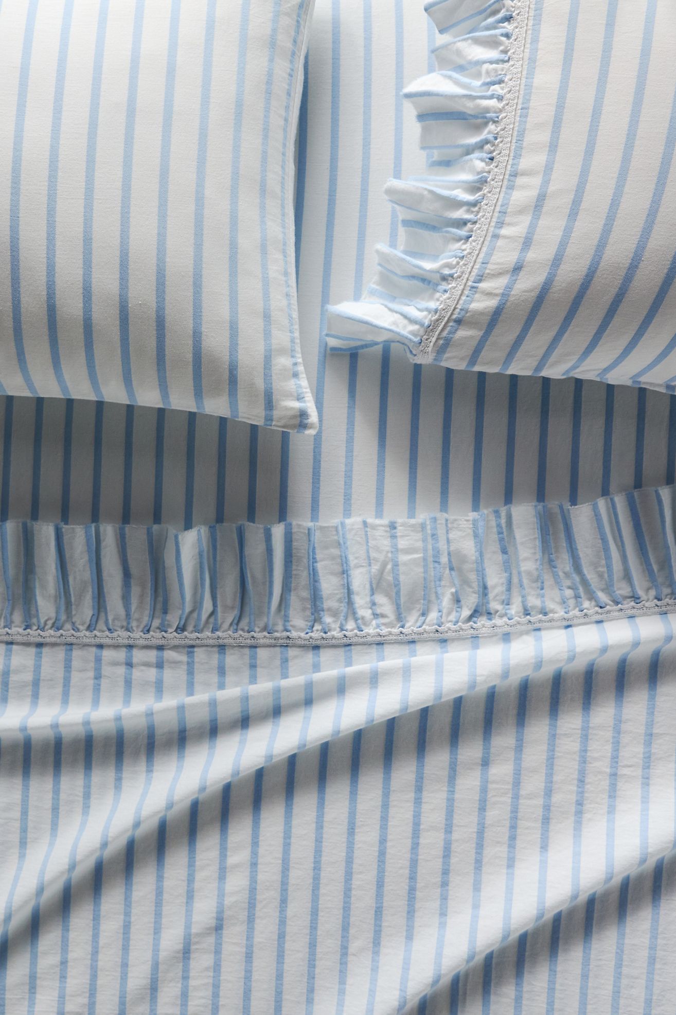 Organic Cotton Spa Sateen Ruffled Sheet Set - Blue Stripe, King