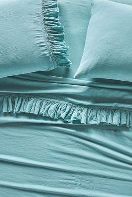 Anthropologie Ruffled Organic Spa Sateen Sheet Set By  In Blue Size Tw Sht Set