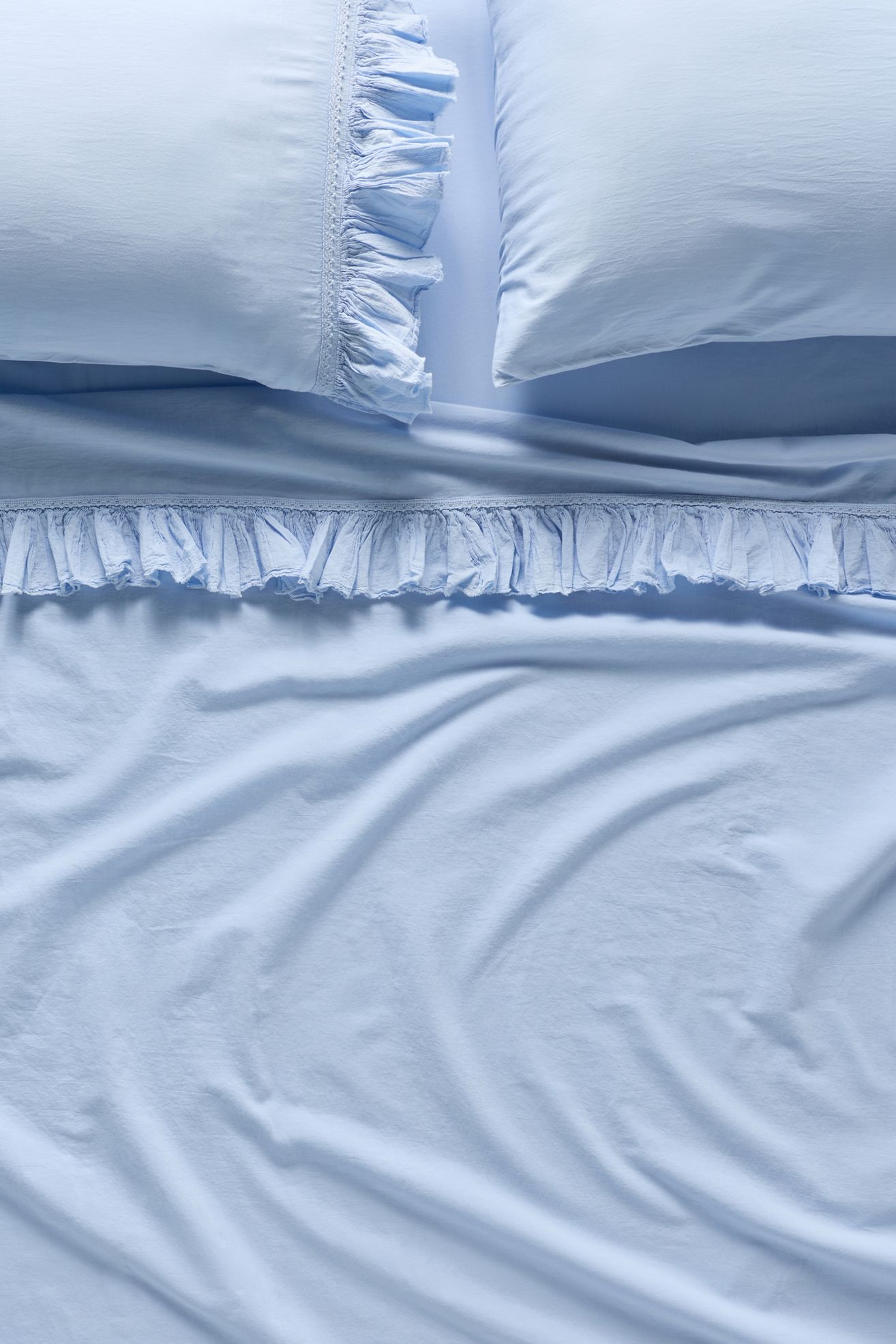 Organic Cotton Spa Sateen Ruffled Sheet Set - Light Blue, Queen