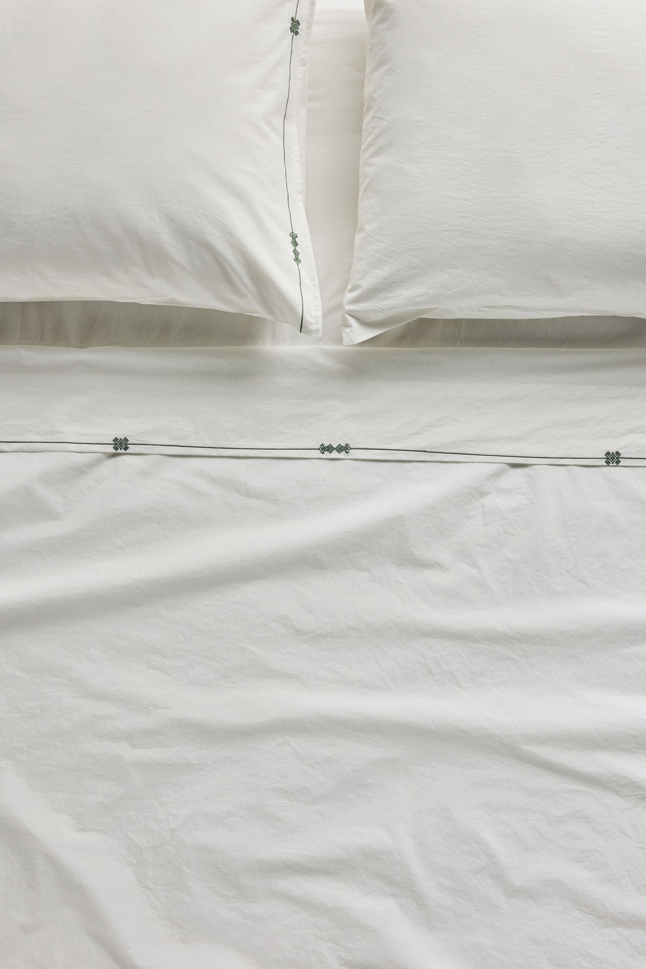 Taylor Organic Cotton Percale Embroidered Sheet Set - Green & White, Queen